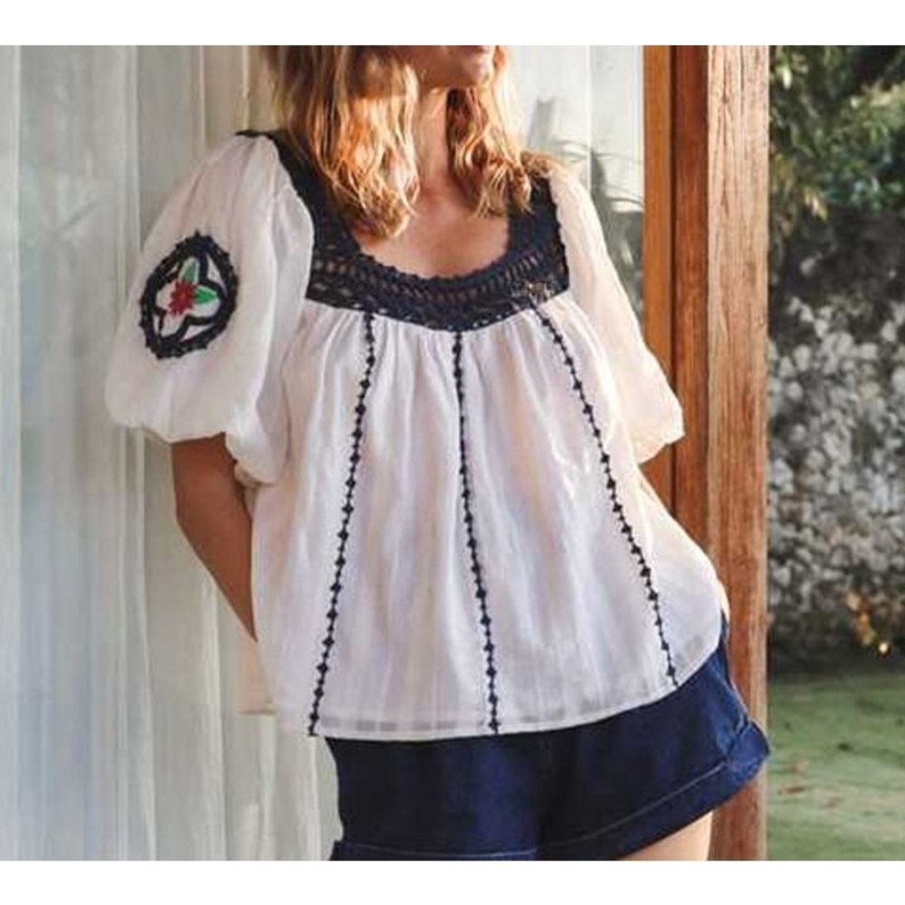 Small Cleobella Navi Organic Cotton Crochet Trim Puff Sleeve Blouse Boho Travel